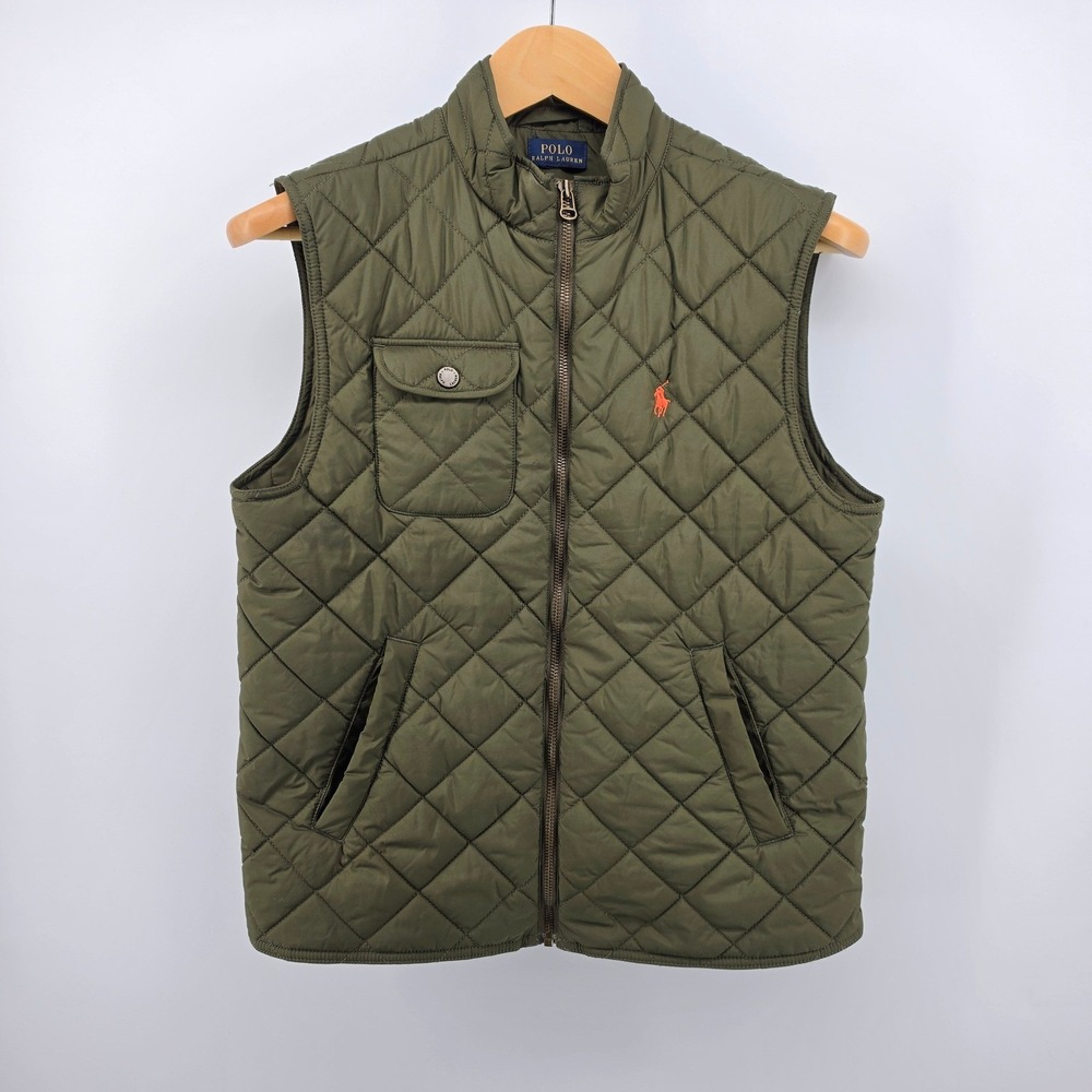 Polo Ralph Lauren Mens Quilted Vest Olive Green Orange Pony Logo Small